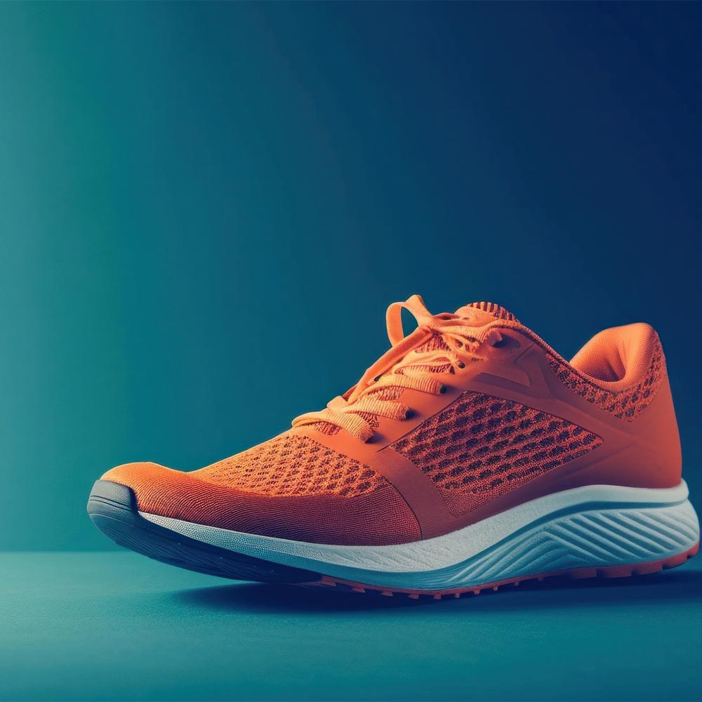 Pair of sleek orange Luvuma athletic sneakers on a textured gym floor, highlighting breathable mesh and supportive sole