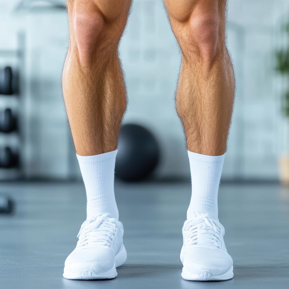 Pair of white Luvuma performance socks with cushioning and arch wrap displayed on a clean white background