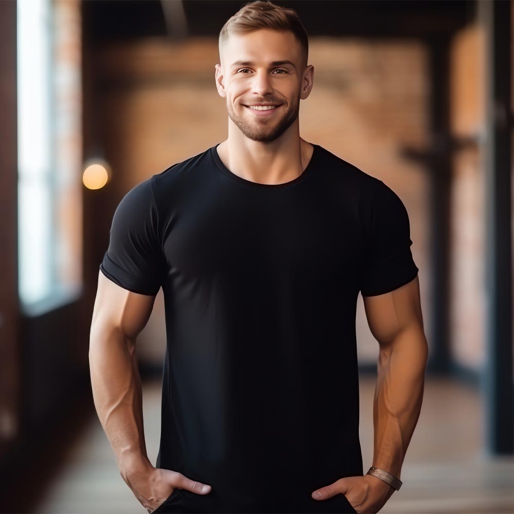 Man wearing black Luvuma athletic t-shirt outdoors post-workout, smiling and relaxed